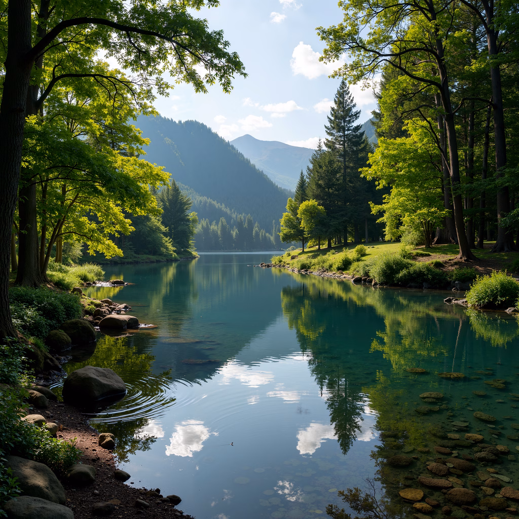 A serene lake surrounded by lush greenery and reflecting the sky and mountains, evoking peace and tranquility.