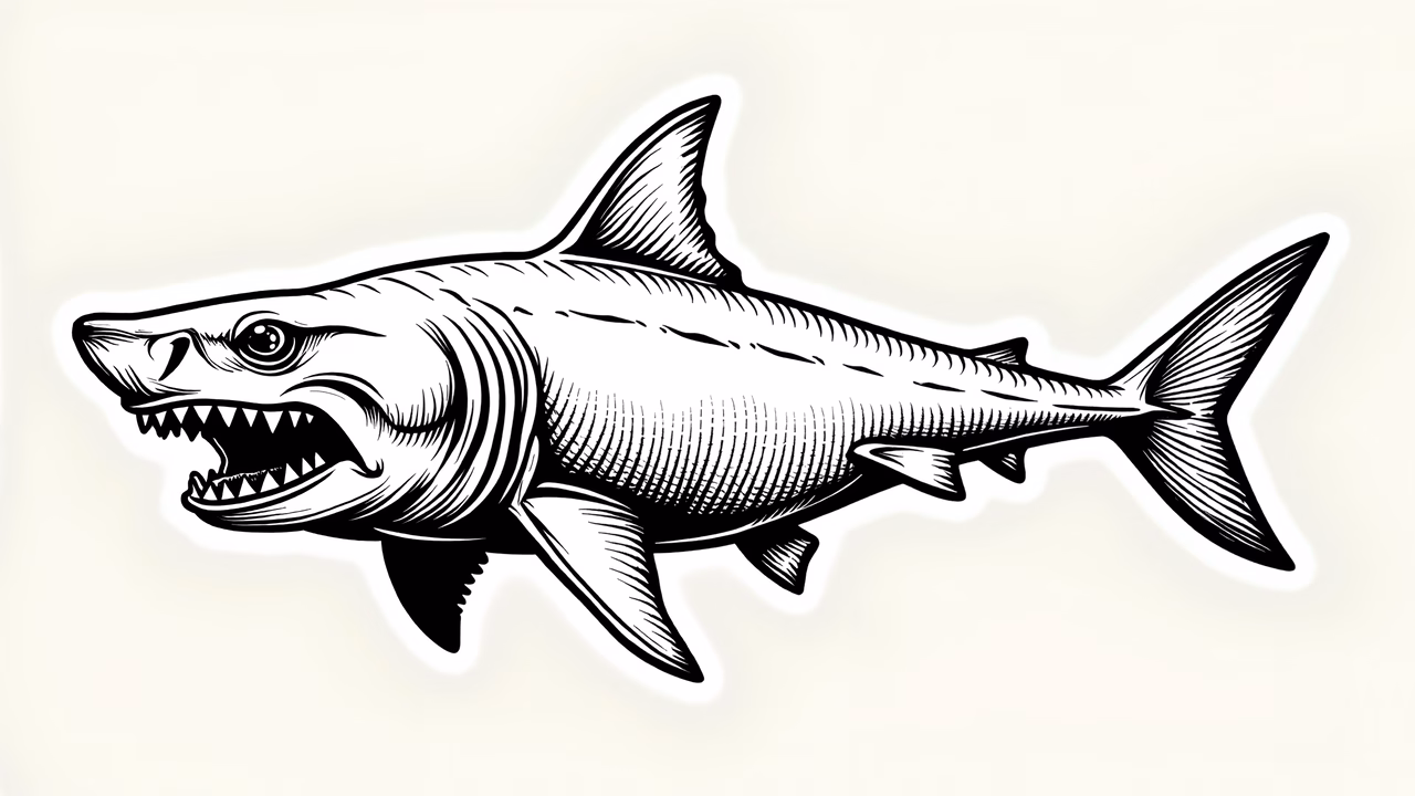 Detailed black-and-white illustration of a shark emphasizing its predatory features.