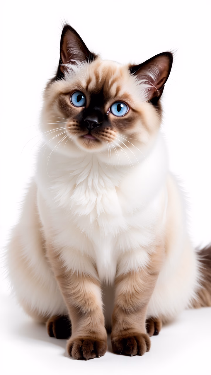 Close-up portrait of a Siberian cat with striking blue eyes and fluffy white coat.