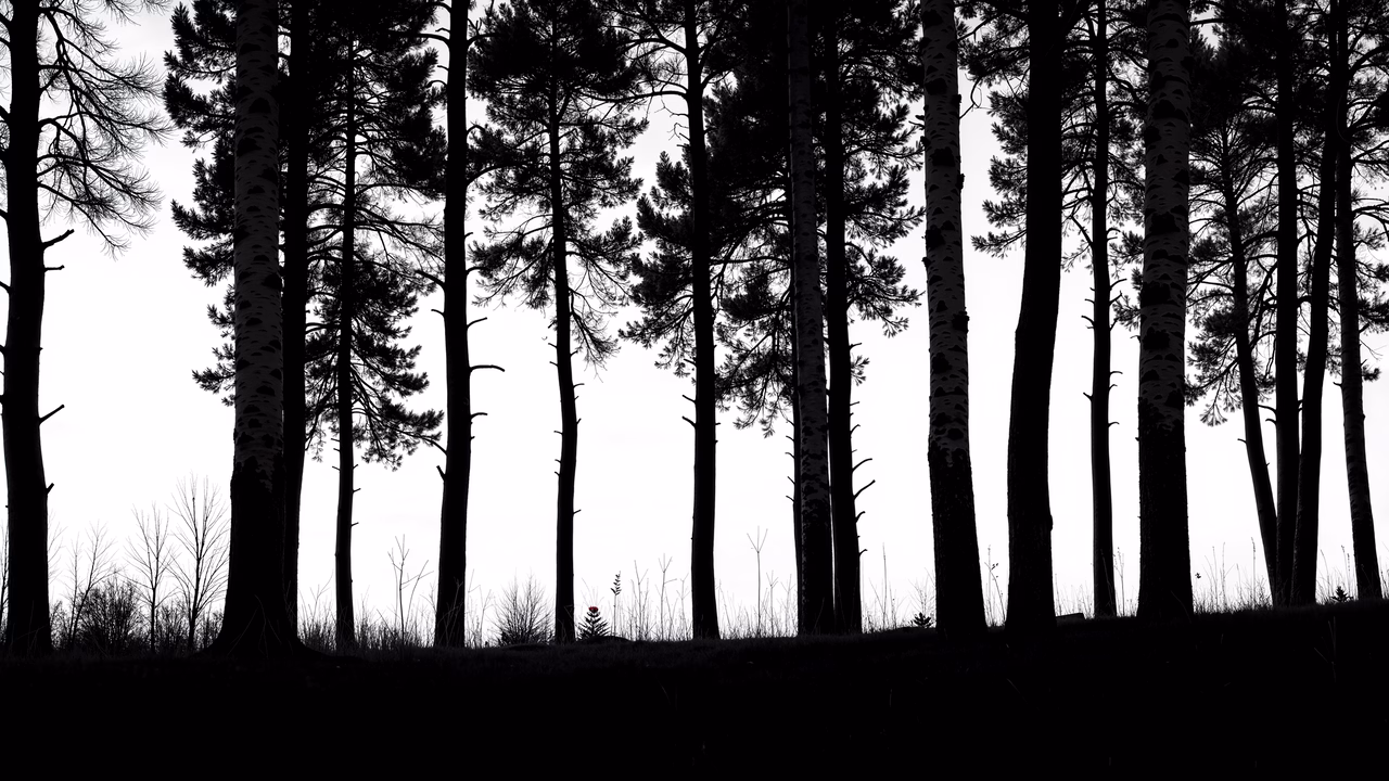Monochrome forest silhouette with a single red flower, evoking serenity and natural beauty.