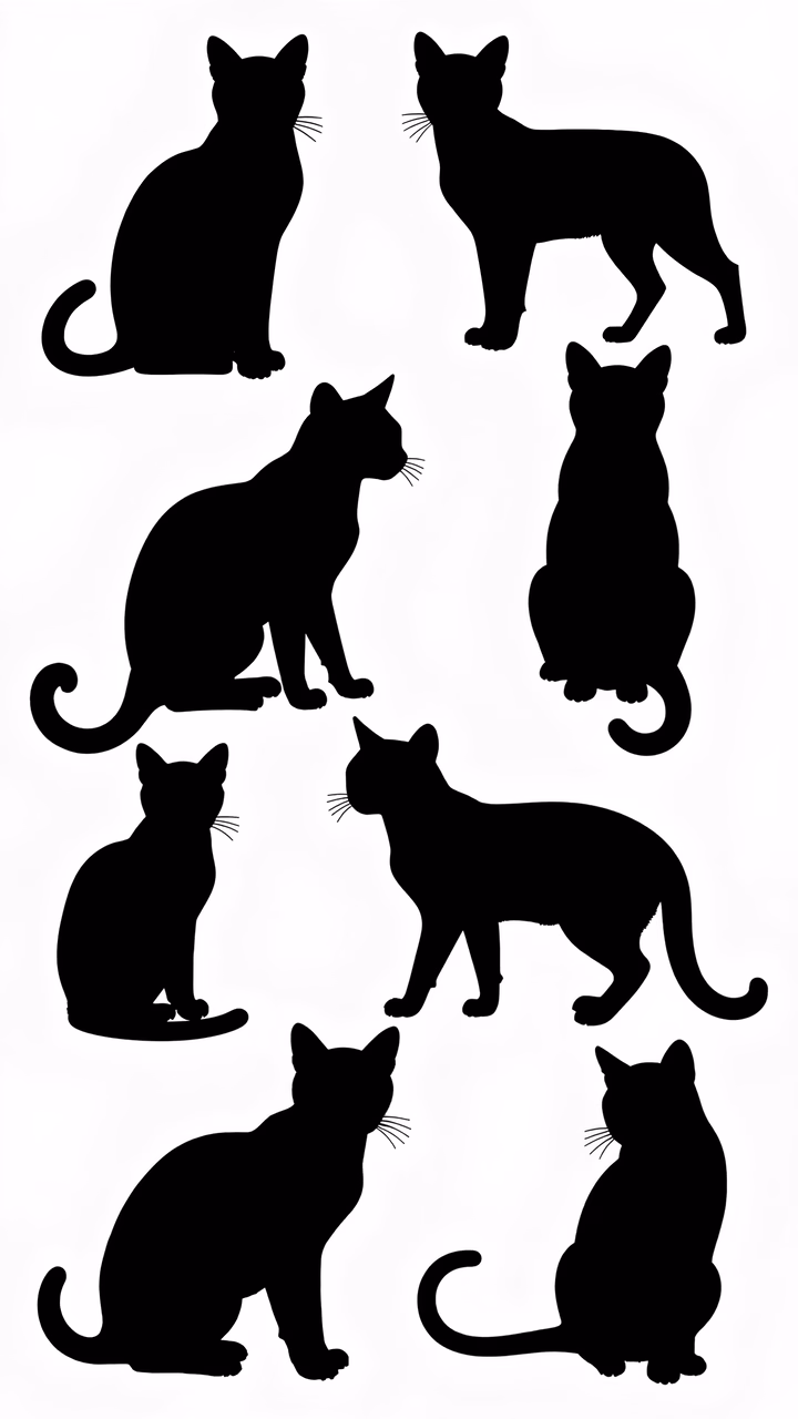 Eight elegant cat silhouettes in a minimalist style.