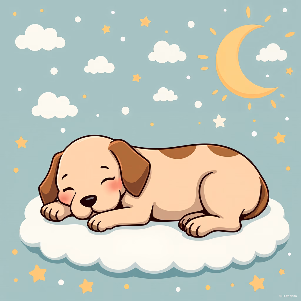 Cute cartoon puppy sleeping peacefully under a starlit sky.