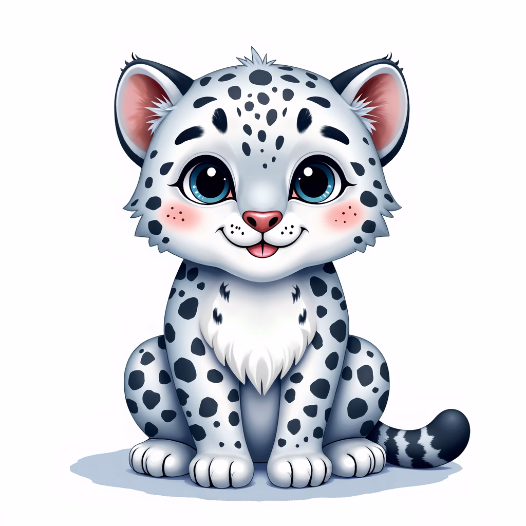 Whimsical snow leopard cub illustration with big blue eyes and soft pink nose.
