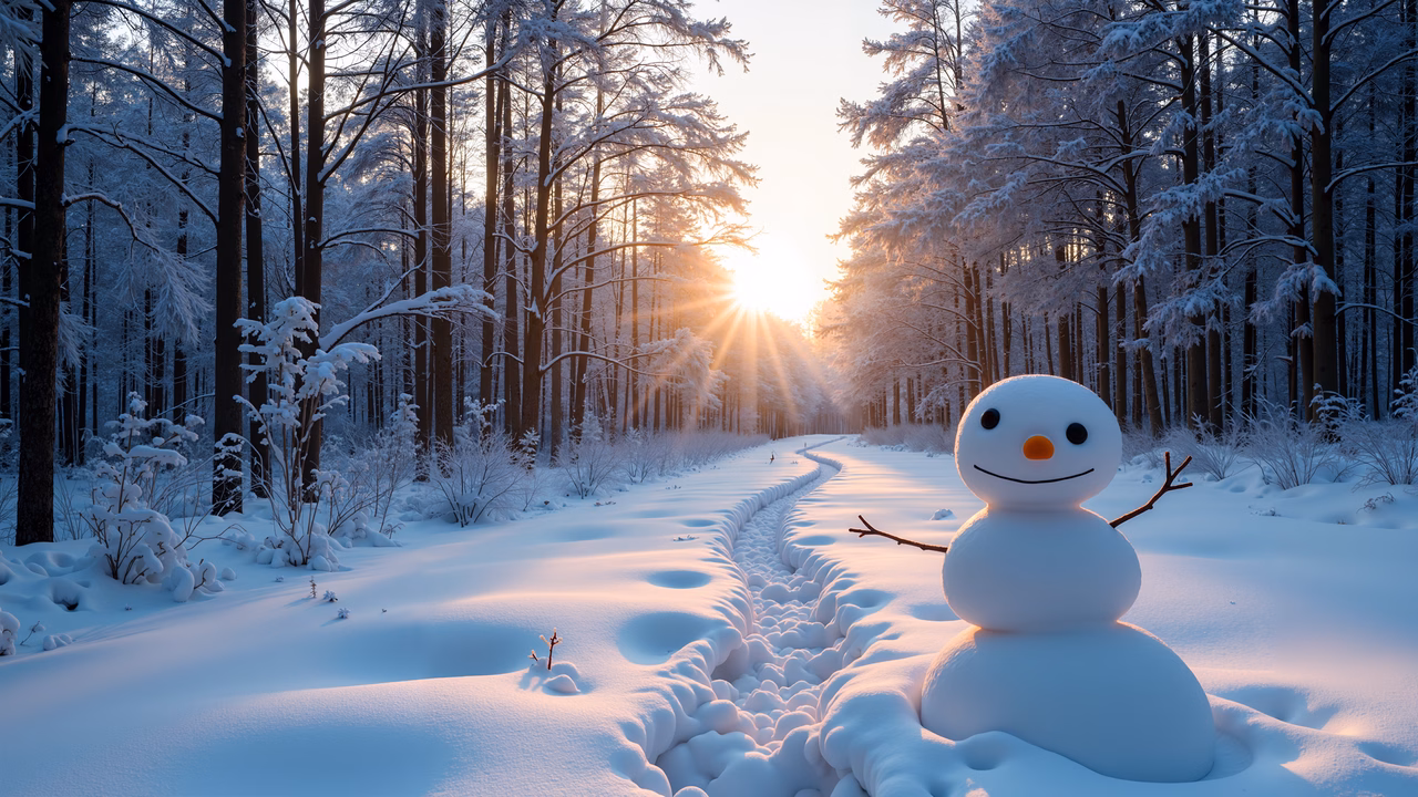 A snowman stands on a snow-covered path in a tranquil winter forest at sunset.