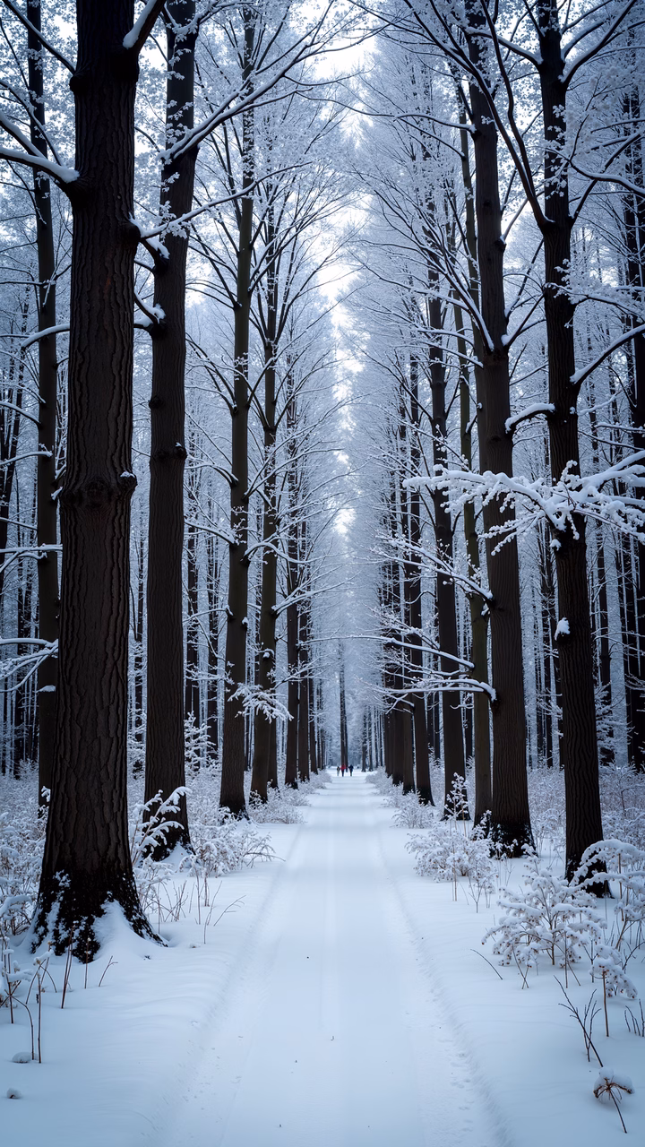 A tranquil winter path lined by frost-covered trees in a snowy forest.