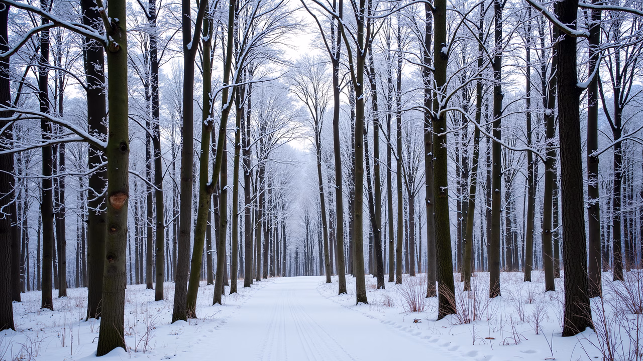 A tranquil snowy forest path framed by tall trees, perfect for nature photography enthusiasts.
