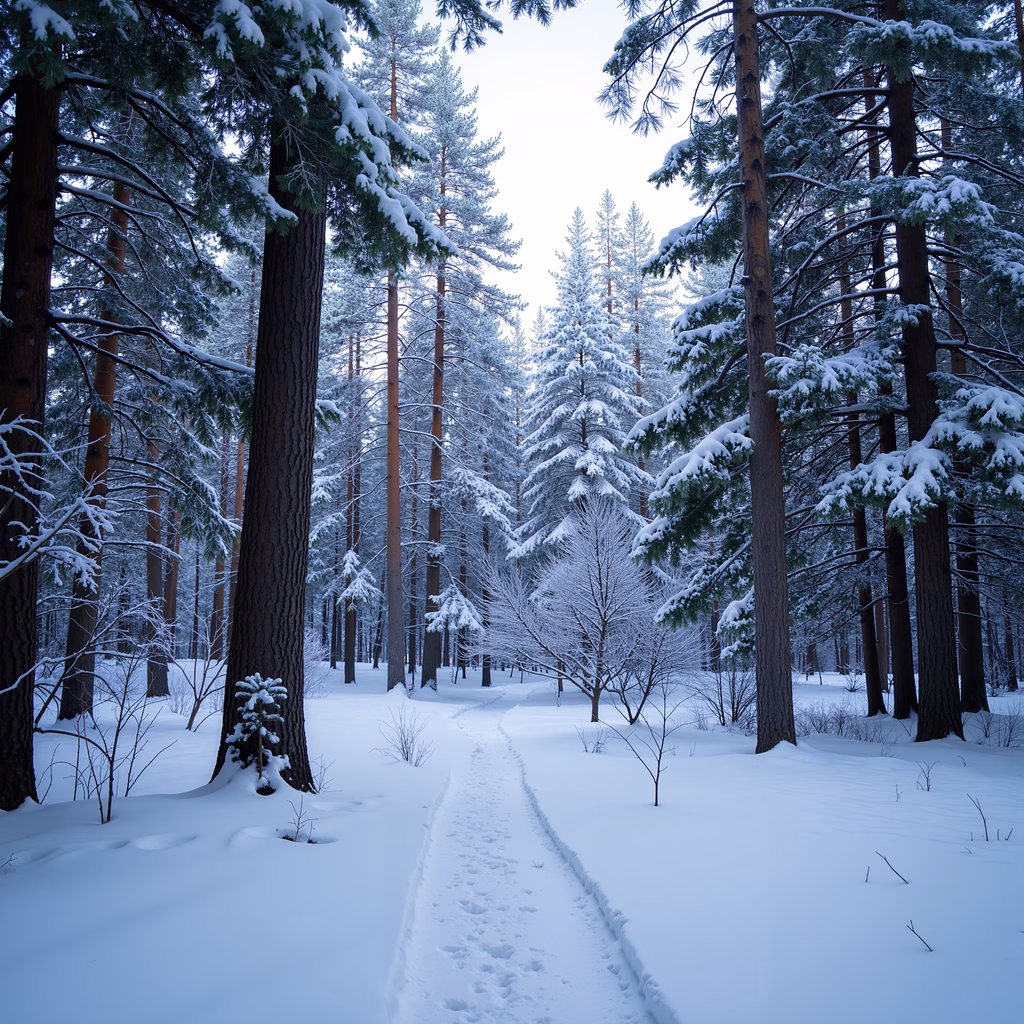 A peaceful winter landscape with a snowy forest path and tall pine trees.