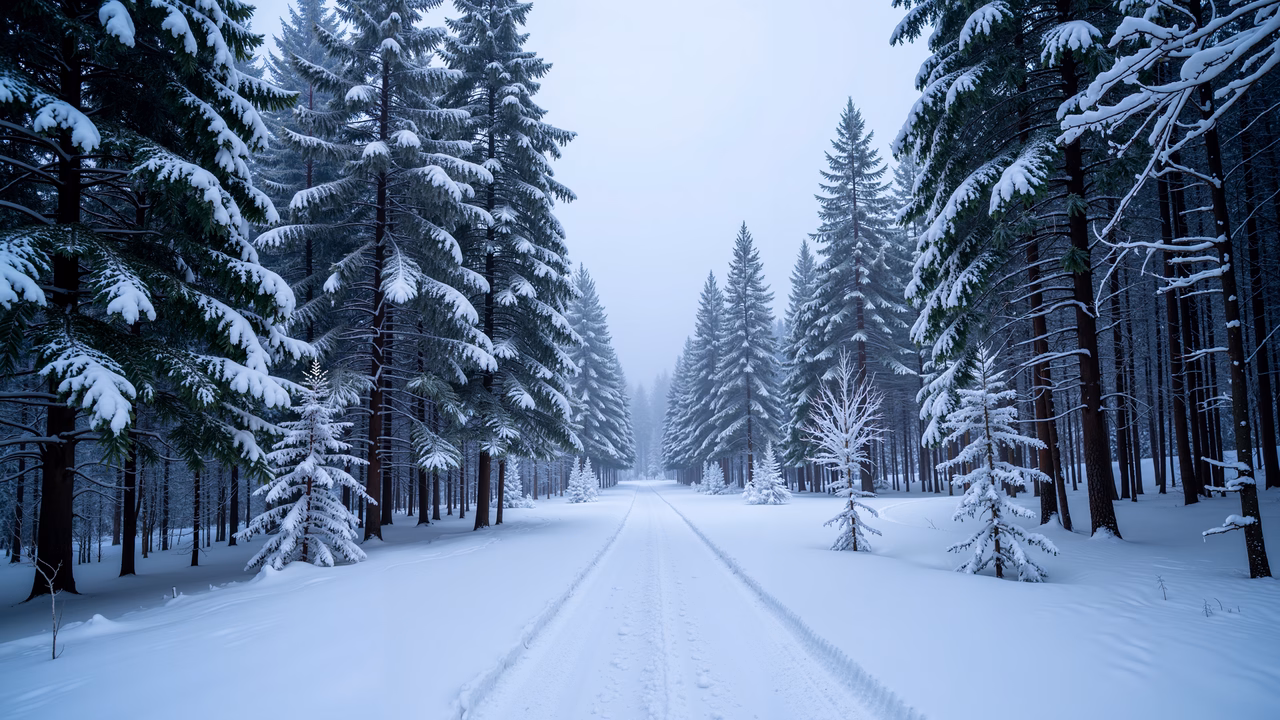 A tranquil snowy forest path leading into the mist, surrounded by snow-laden pines.