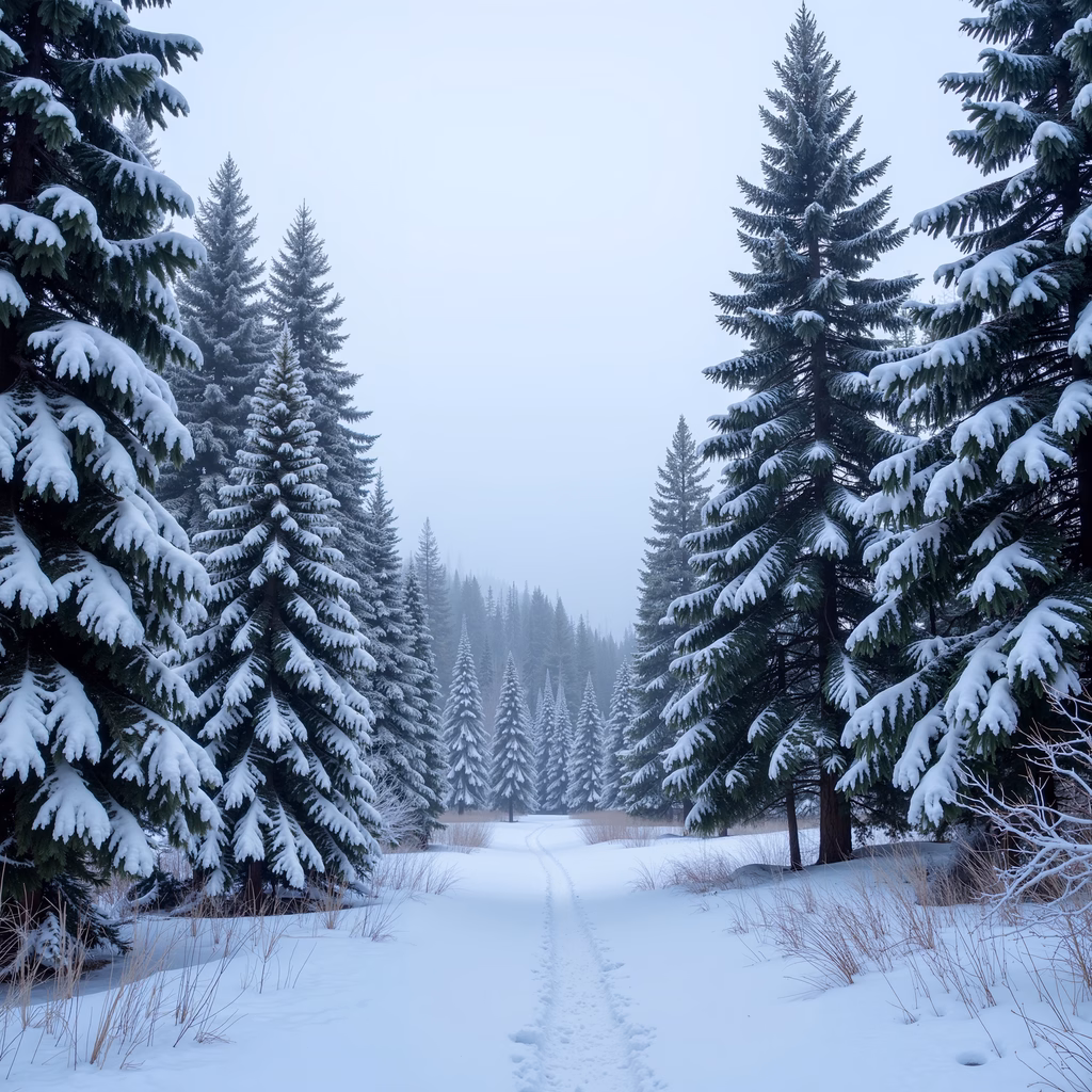 A peaceful winter path through a snowy forest.
