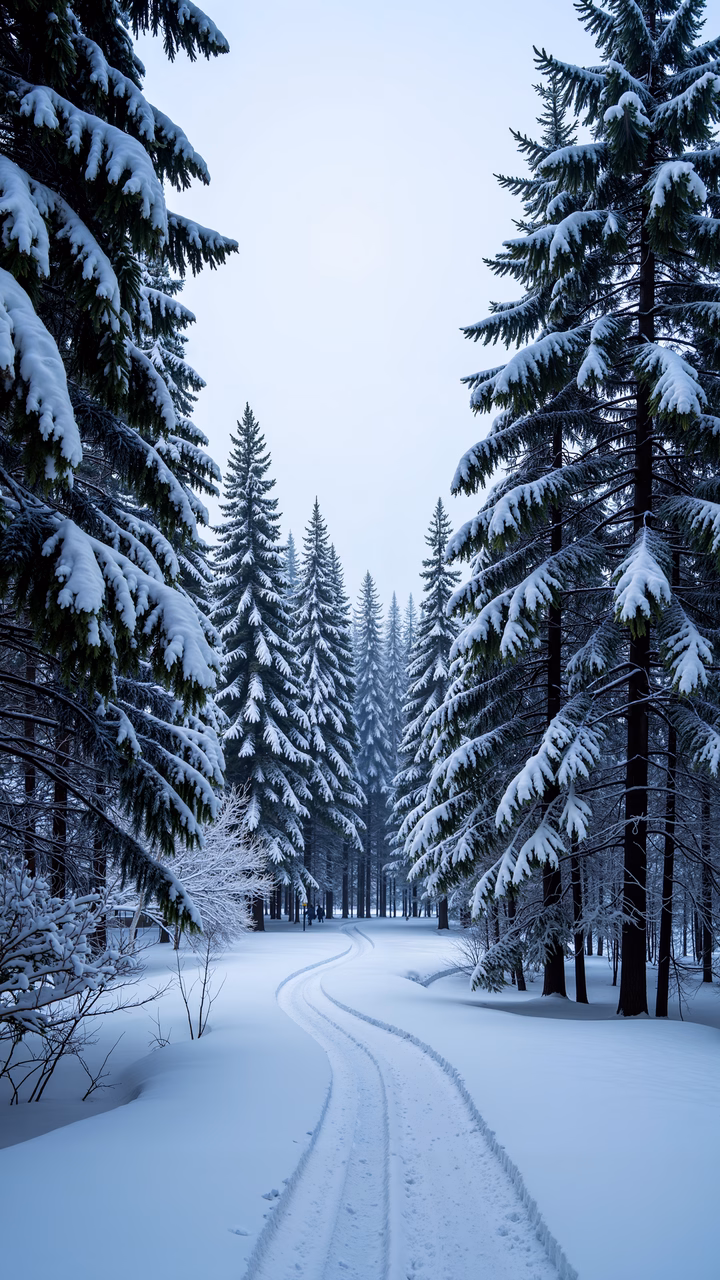 A peaceful winter landscape with a snow-covered forest path and tall evergreens.