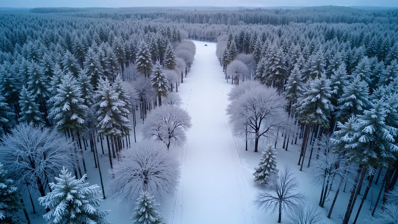 Aerial shot of a snowy forest path surrounded by snow-laden trees, creating a peaceful winter scene.