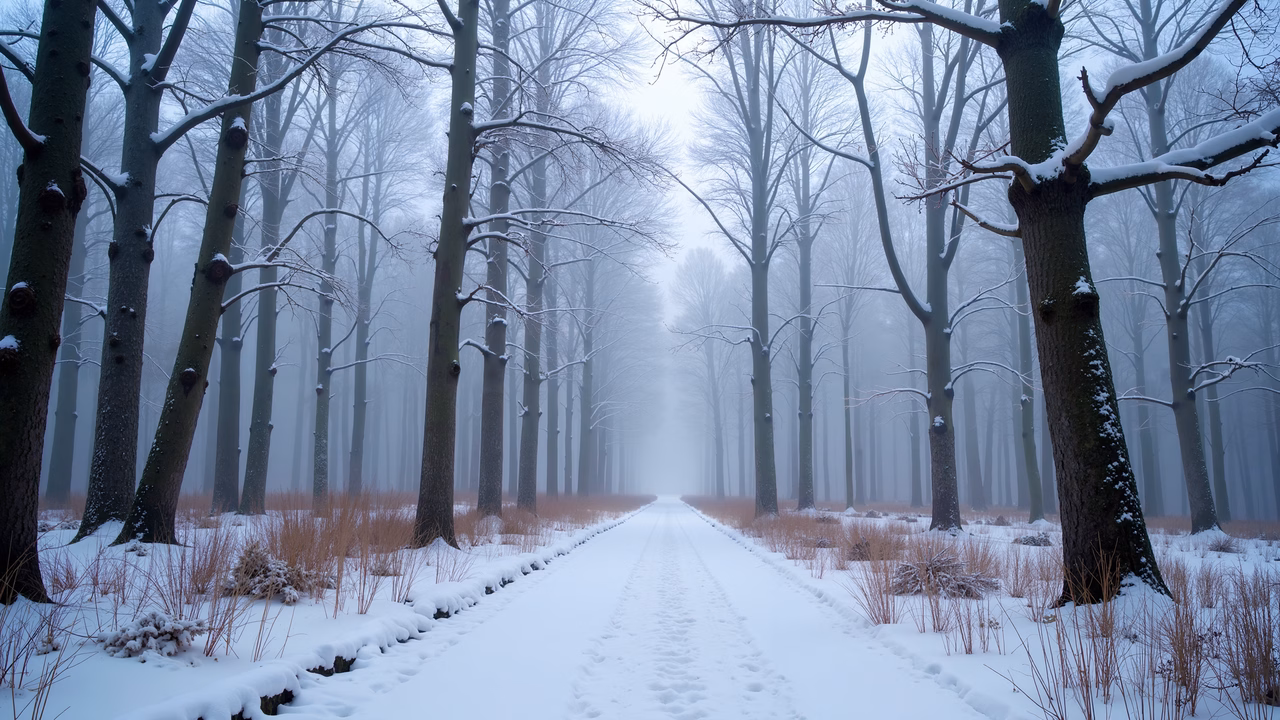 A tranquil winter landscape with a snow-laden path through a forest.