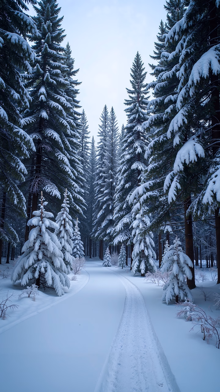 A tranquil winter scene with a snow-covered path through a dense forest of tall evergreens.