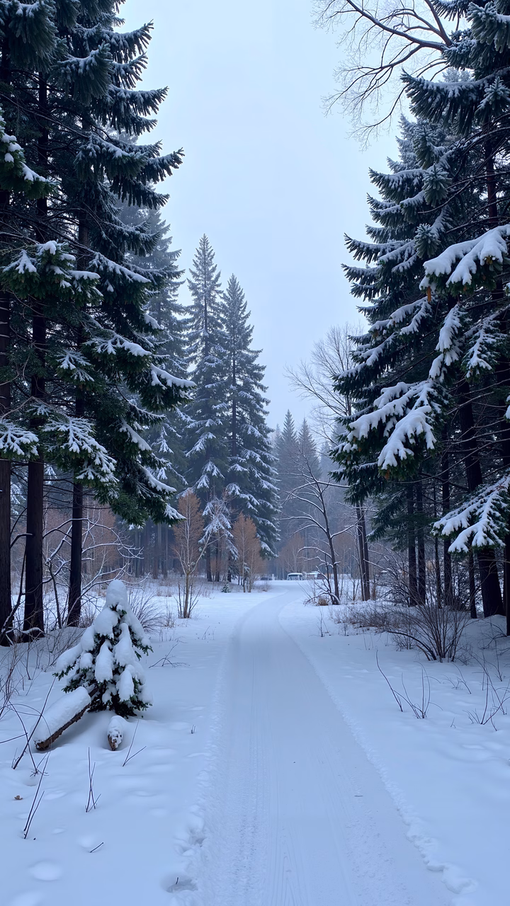 A tranquil winter path surrounded by snow-laden evergreens under an overcast sky.