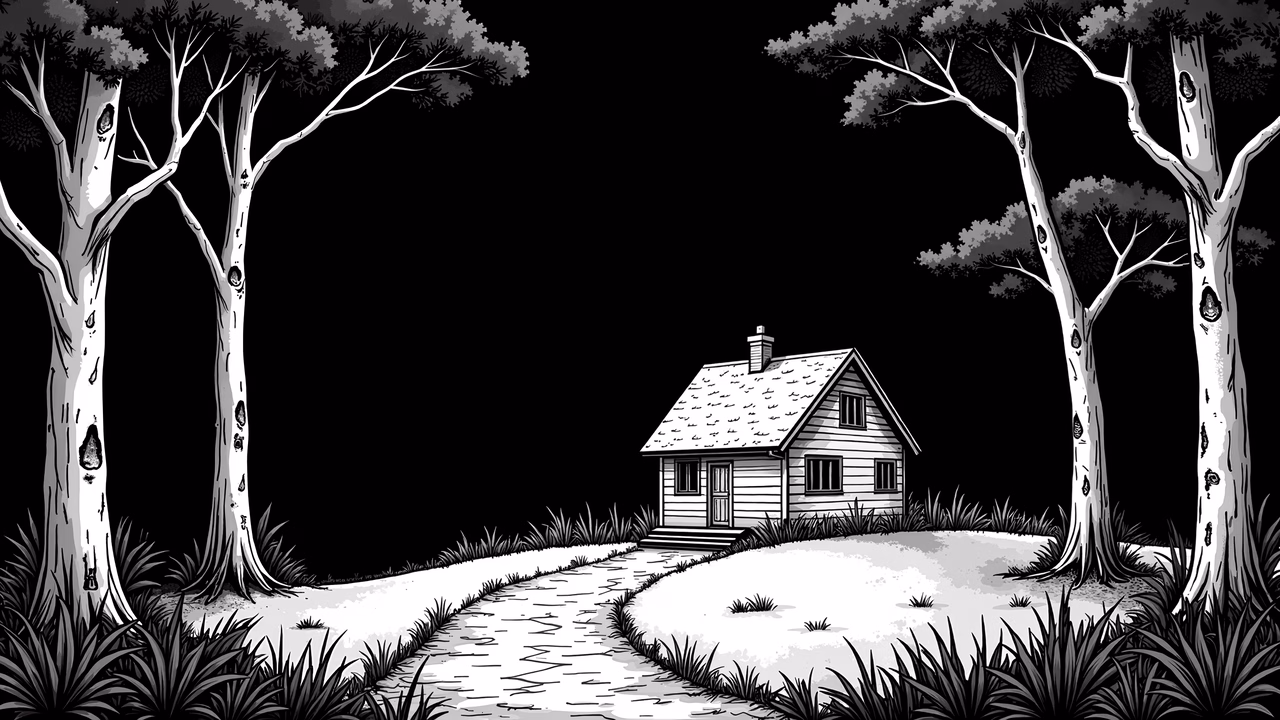 A peaceful black-and-white illustration of a solitary cottage surrounded by birch trees.