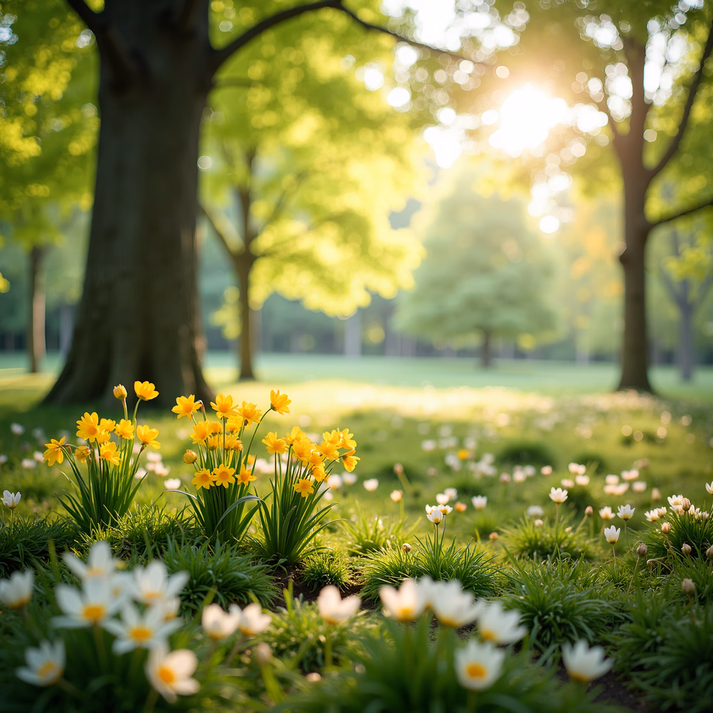 Bright spring flowers under a golden sunlit sky.