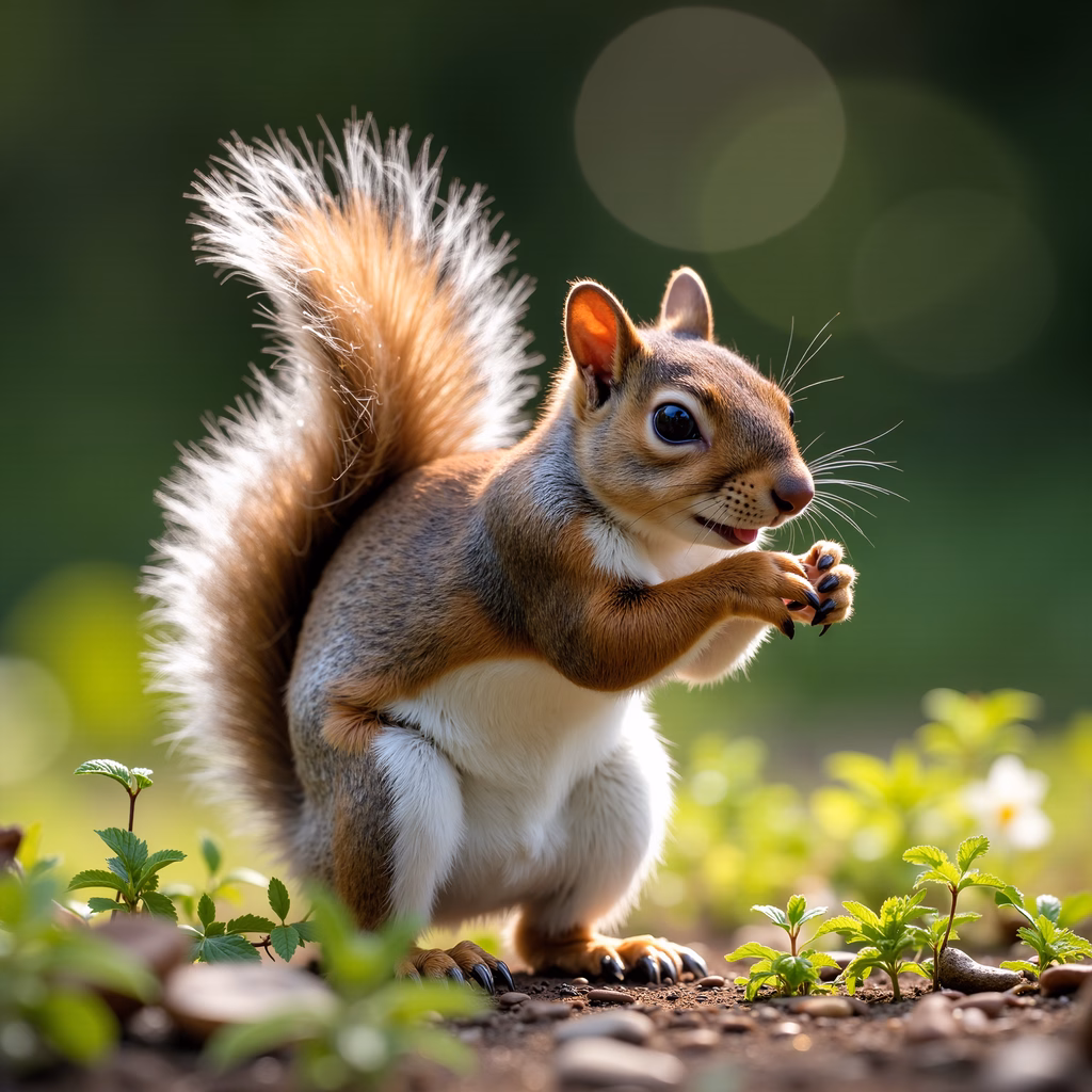 Close-up of a squirrel eating a nut in a vibrant outdoor setting.