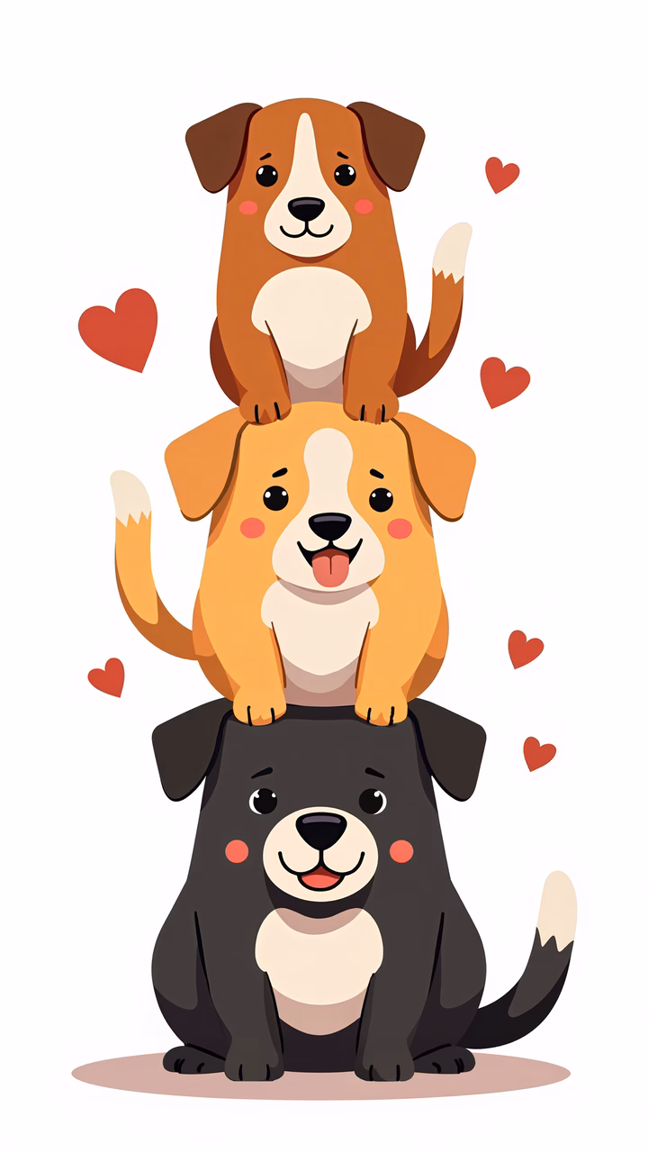 Cute cartoon puppies stacked together, spreading joy and love.