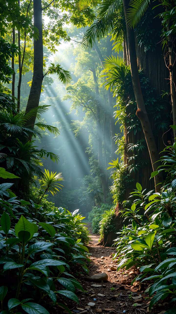 A peaceful jungle path illuminated by sunbeams, surrounded by lush greenery.