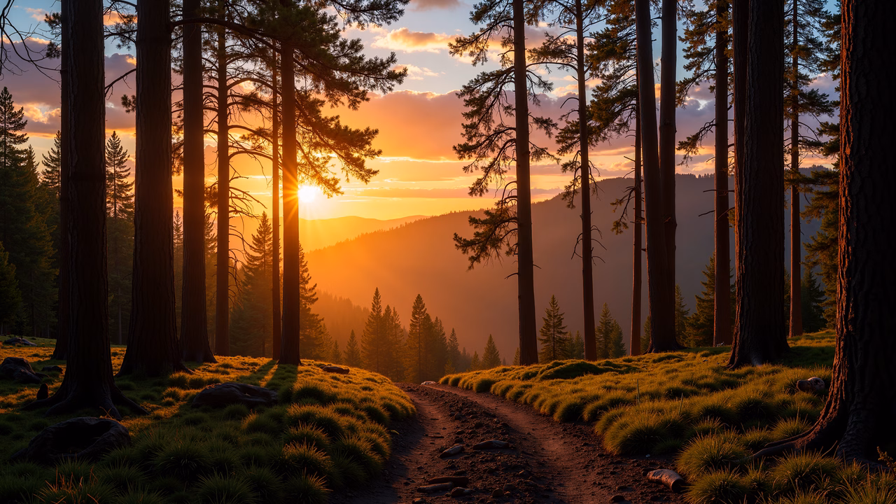 A tranquil forest path illuminated by the warm glow of a setting sun.