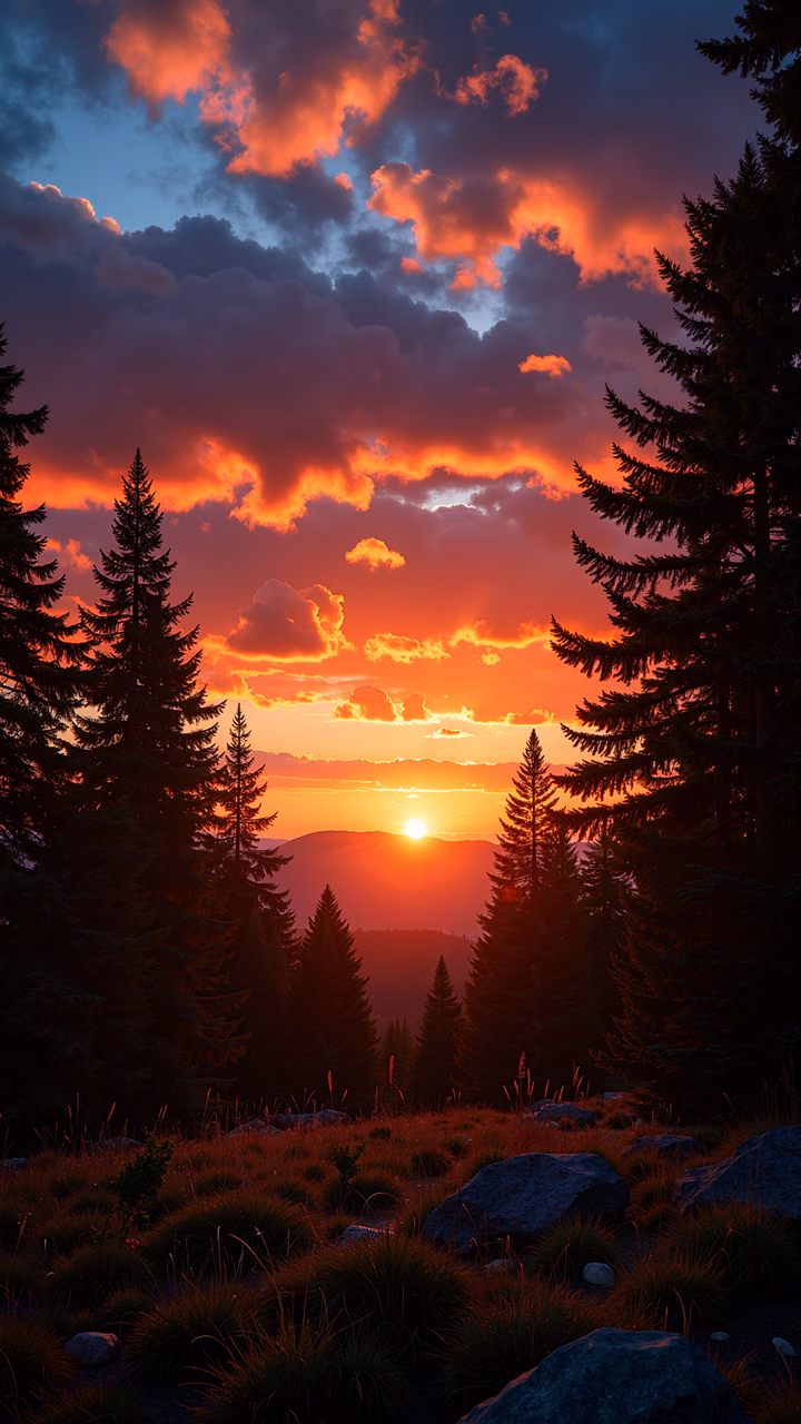 A stunning sunset over a forest, featuring vibrant colors and tranquil scenery.