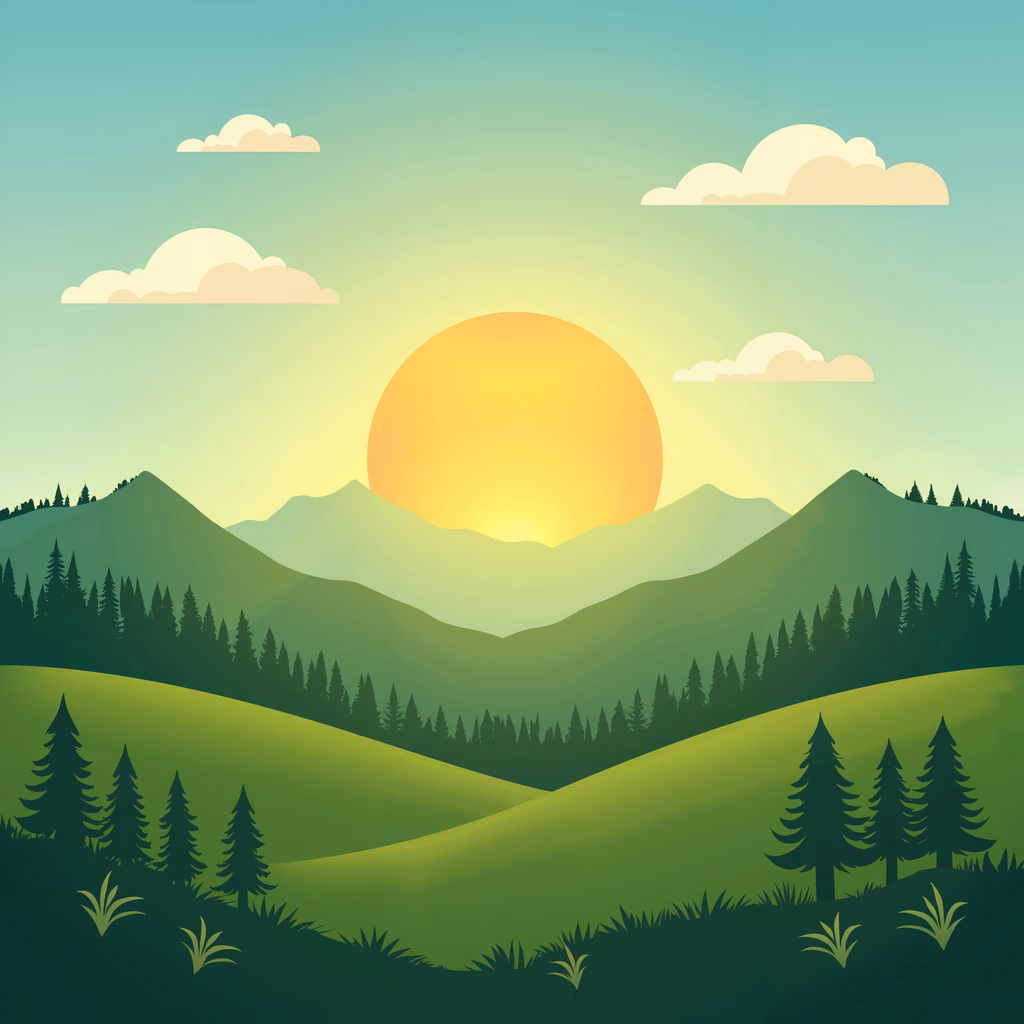 A peaceful sunset over lush green hills and distant mountains.