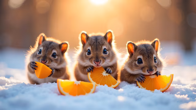 Three Chipmunks with Oranges