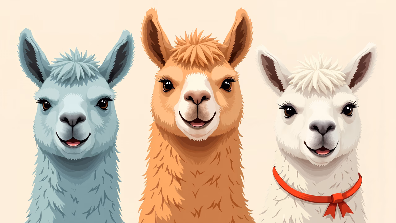 Cartoon-style illustration of three colorful llamas with expressive faces.