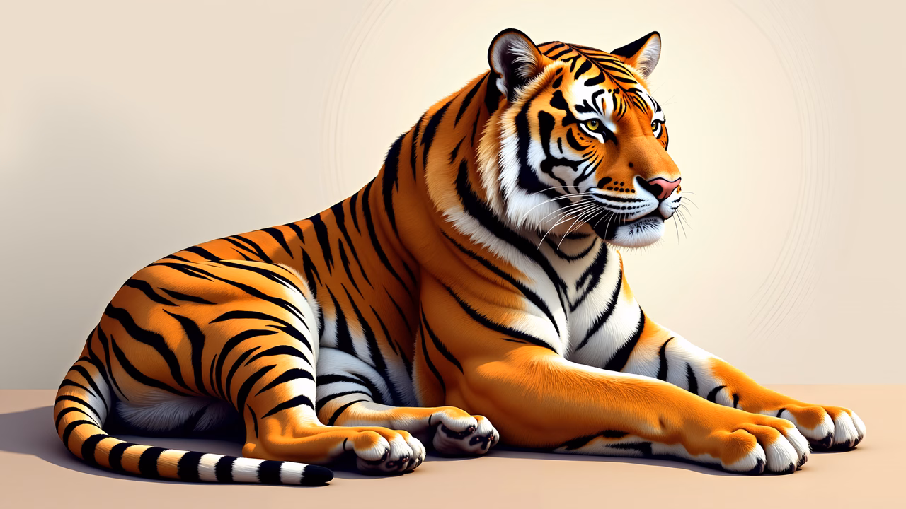 A detailed illustration of a tiger resting in a serene pose, highlighting its striking orange and black striped fur.