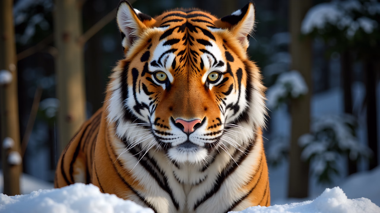 A tiger in a snowy forest, showcasing its natural majesty.