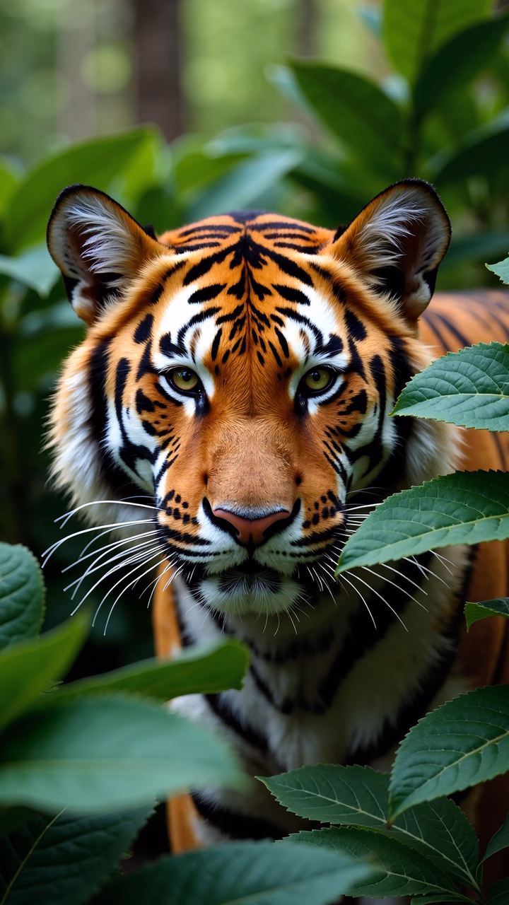 Close-up of a tiger amidst greenery, showcasing its vibrant fur and piercing eyes.