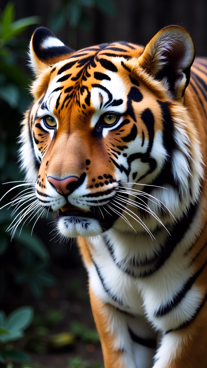 Close-up portrait of a tiger with vibrant orange fur and black stripes, emphasizing its powerful gaze and natural beauty.