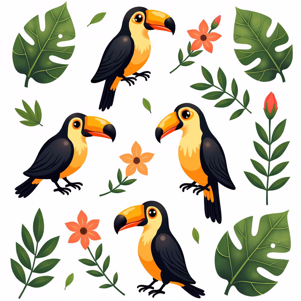 Brightly colored toucans in a cartoon-style nature illustration.