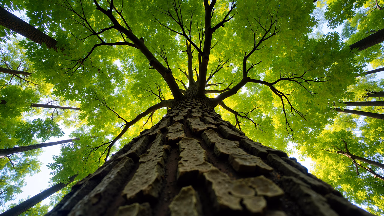 Close-up of tree bark and vibrant green leaves under bright sunlight.