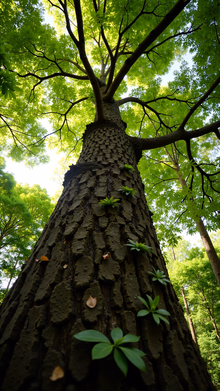 Close-up of a tree trunk with green foliage, captured in natural light.