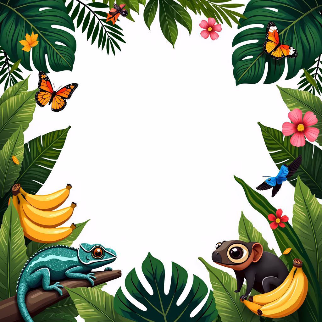A cheerful tropical jungle scene with a chameleon and a monkey amidst vibrant flora and fauna.