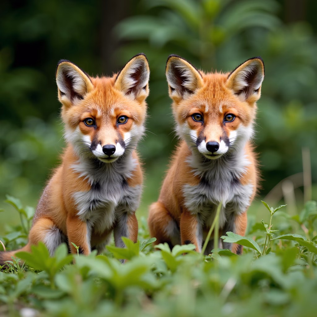 Two fox cubs in a green meadow, close-up, nature photography