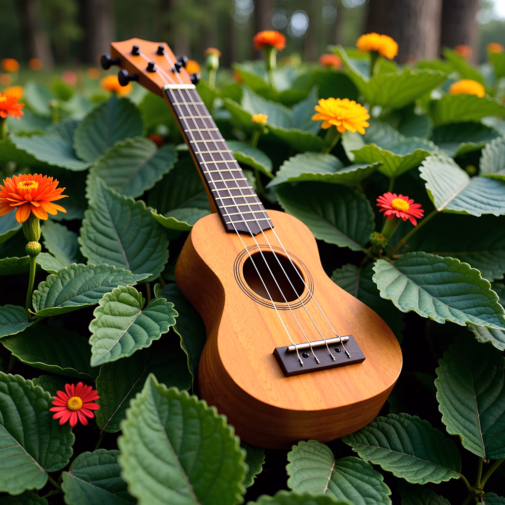 A ukulele amidst colorful flowers and green leaves, evoking peace and nature.