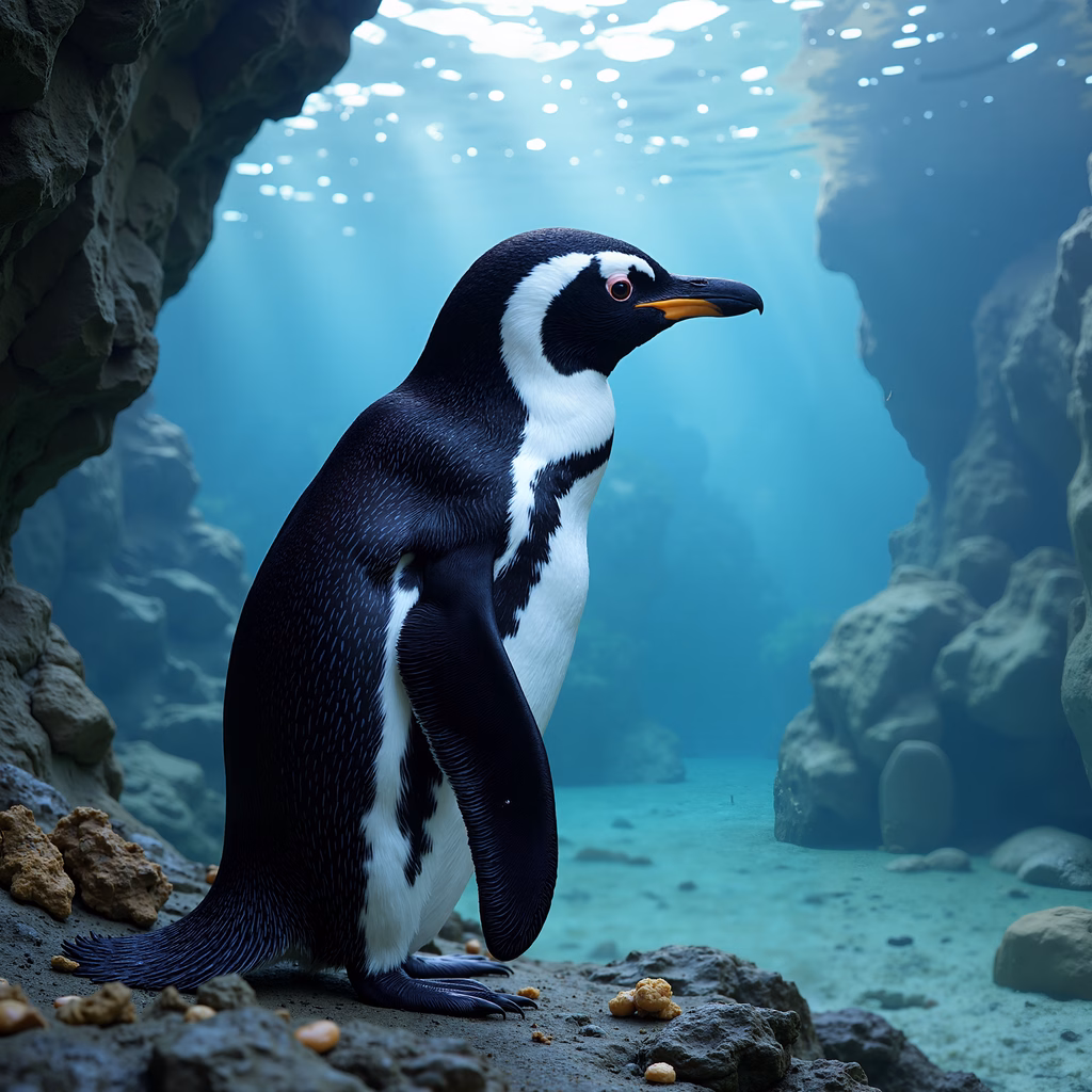 A serene underwater penguin scene with dappled sunlight and tranquil waters.