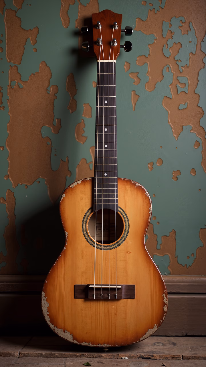 Vintage ukulele against a textured wall, evoking nostalgia and serenity.