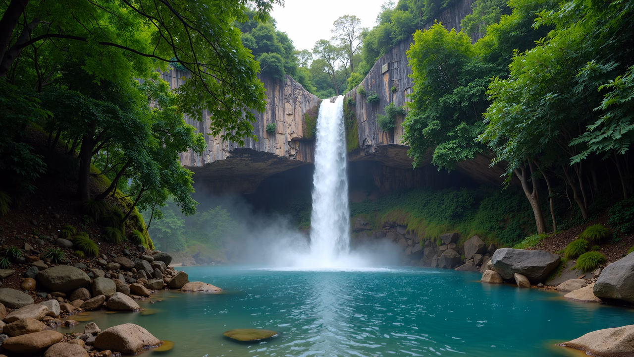 A tranquil waterfall amidst lush greenery and vibrant turquoise water.