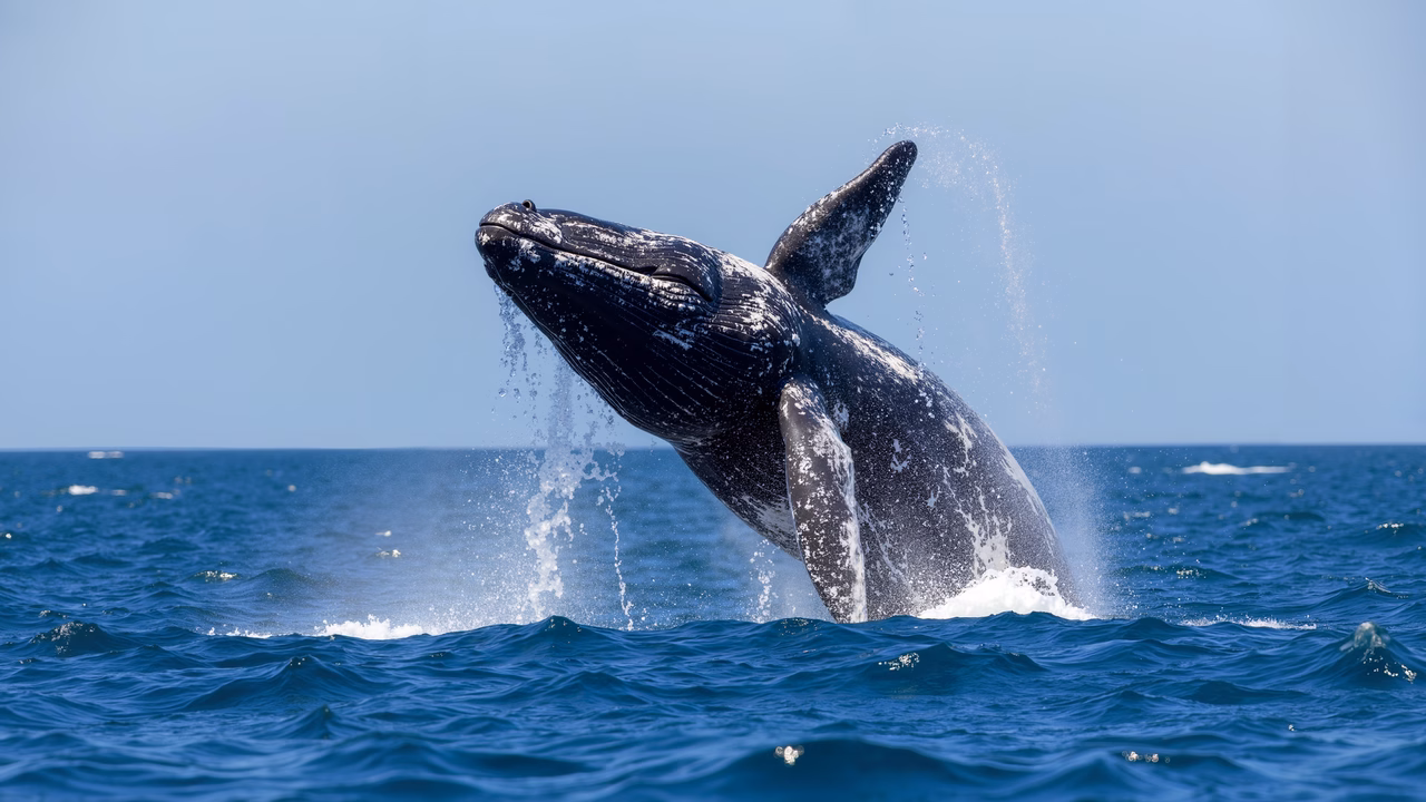 A whale breaching in the ocean, symbolizing nature's raw beauty and power.