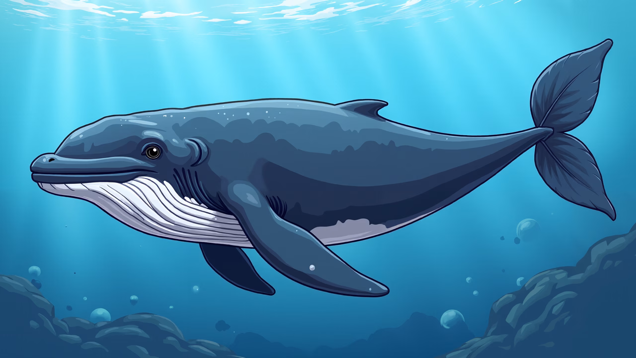 A serene underwater illustration of a whale swimming gracefully through clear blue waters.