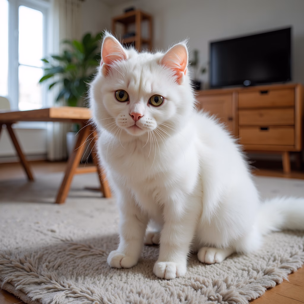 Close-up of a white cat with green eyes in a cozy living room setting.