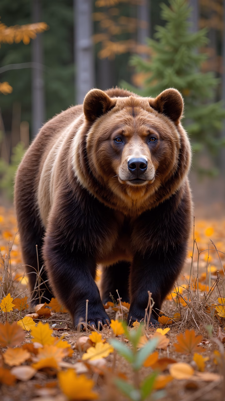 A wild bear in a vibrant autumn forest setting.