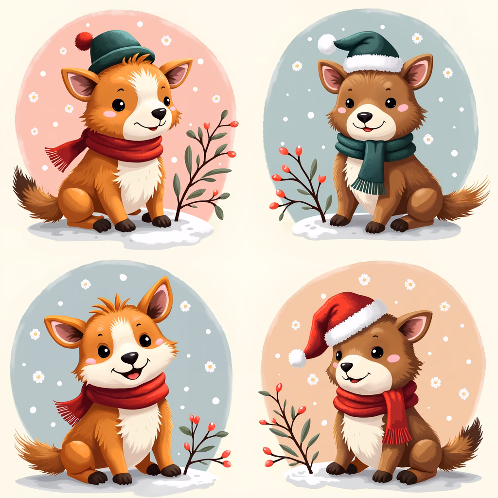 Four cute foxes dressed for winter in a cozy, pastel-themed illustration.