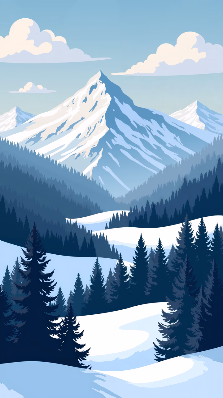A tranquil winter scene with snow-capped mountains and evergreen trees.