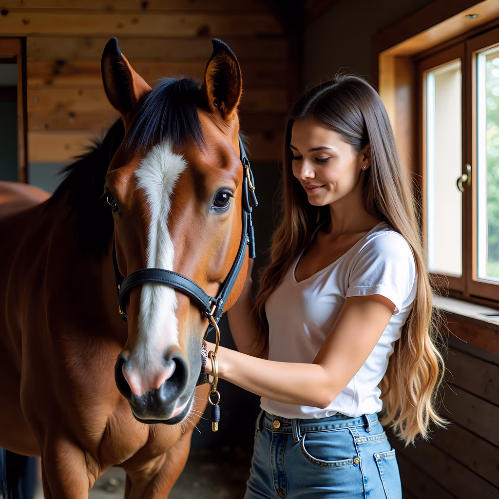 Close-up of a woman petting a horse in a wooden stable, capturing a moment of connection and tranquility.