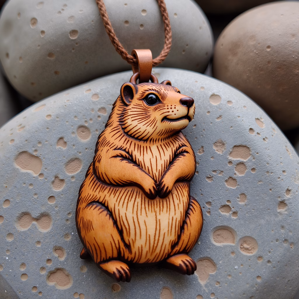 Detailed wooden beaver pendant with intricate fur texture on speckled stone background.