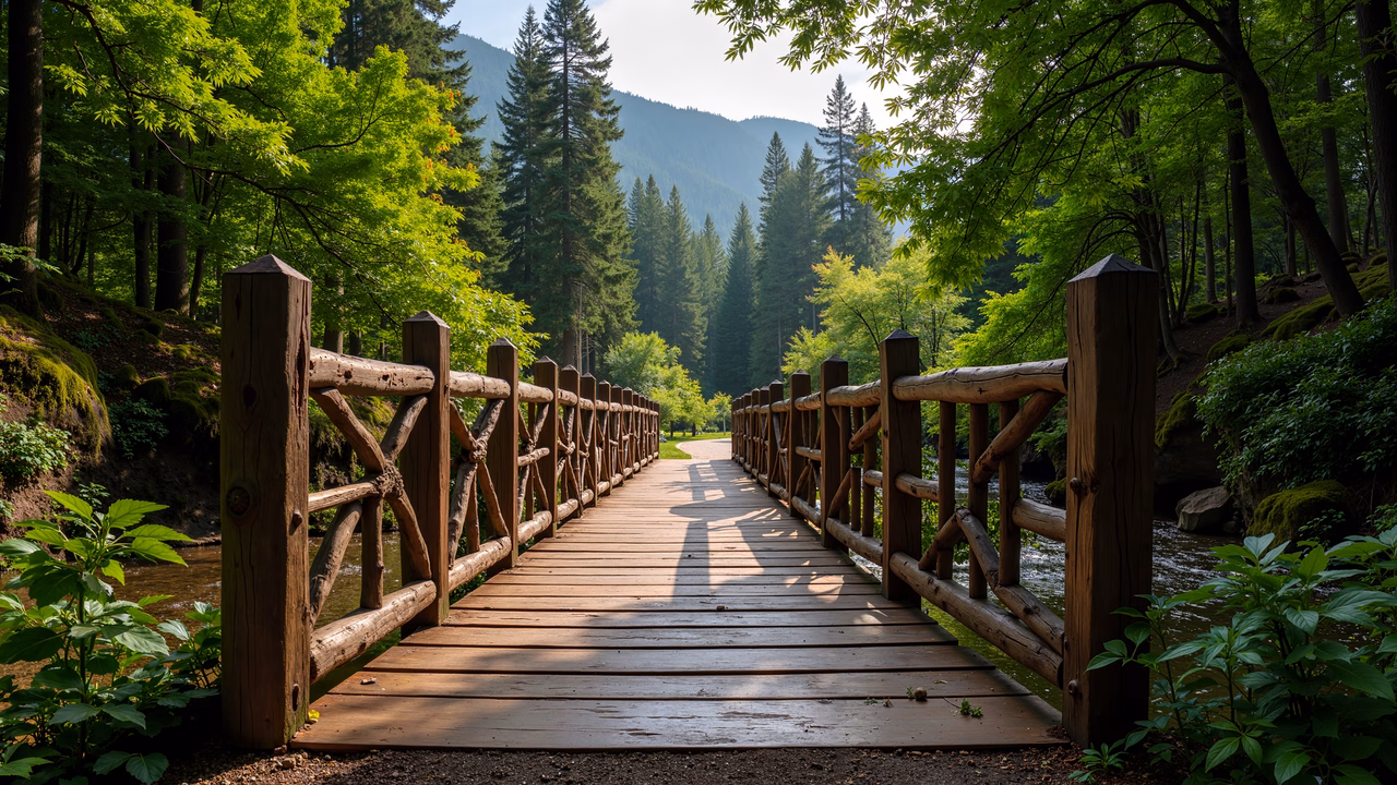 A peaceful wooden bridge amidst a verdant forest, inviting exploration of nature's tranquility.